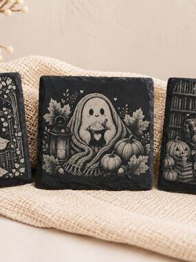 Cozy Ghost Slate Coaster | Bookish Halloween Decor | Set of 2